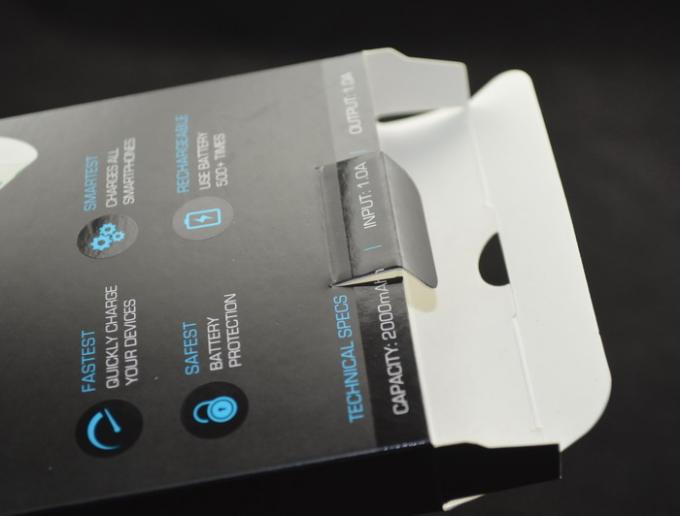 Foldable Power Bank Black Packaging Box , Window Paper Box With PET Hanger